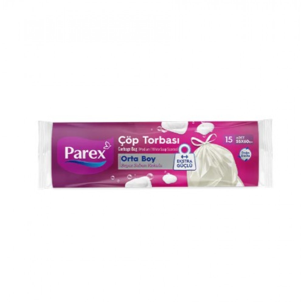Parex BÜZGÜLÜ ÇÖP TORBASI BEYAZ SABUN KOKULU ORTA BOY 15’Lİ