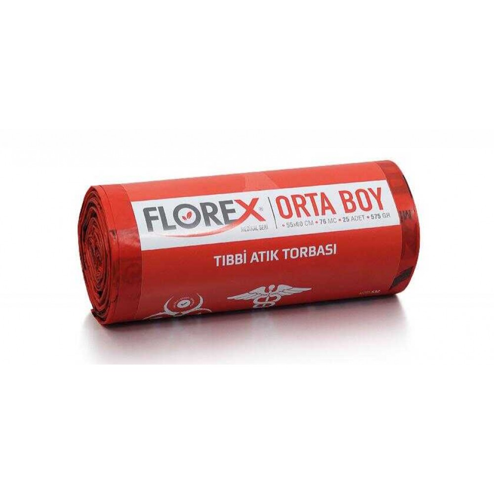 Florex Çöp Torbası Tıbbi Atık Baskılı Orta 55x60cm 575gr Kırmızı 25 li 532