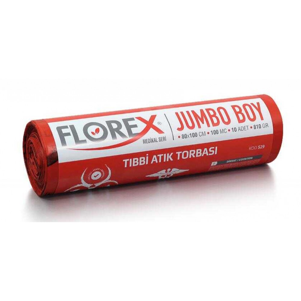Florex Çöp Torbası Tıbbi Atık Baskılı Jumbo 80x110cm 810gr Kırmızı 10 lu 529